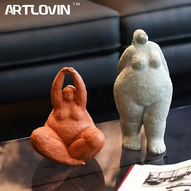 Abstract terracotta & gray fat lady figurines living room decor