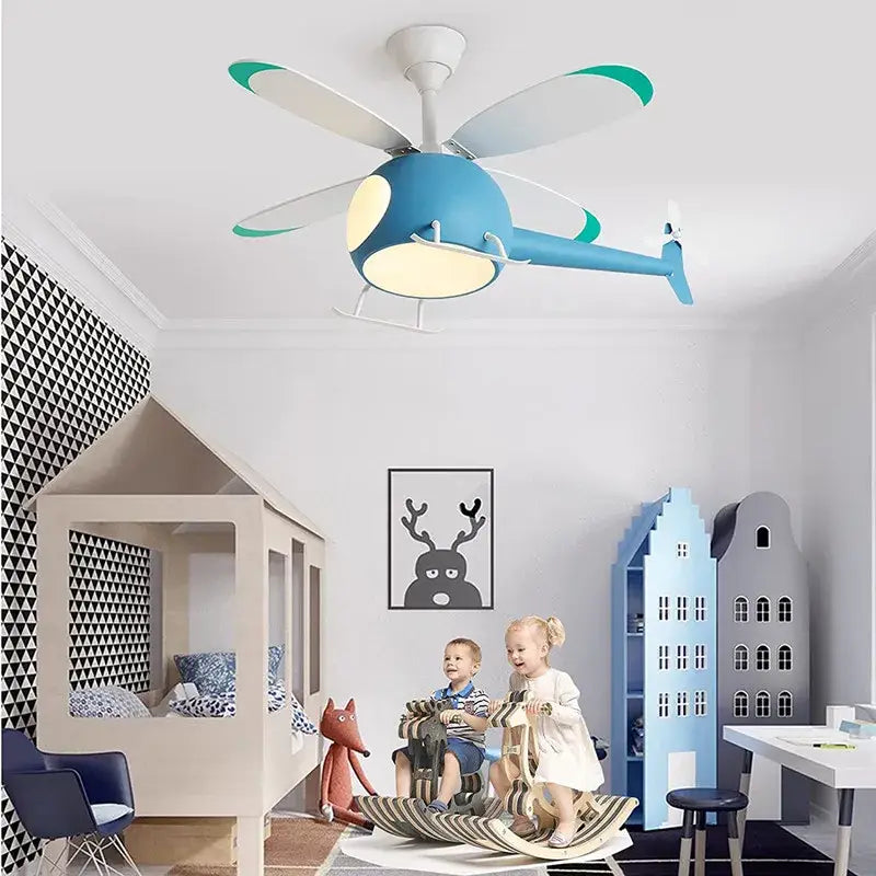 Blue & teal aircraft ceiling fan chandelier for kids bedroom