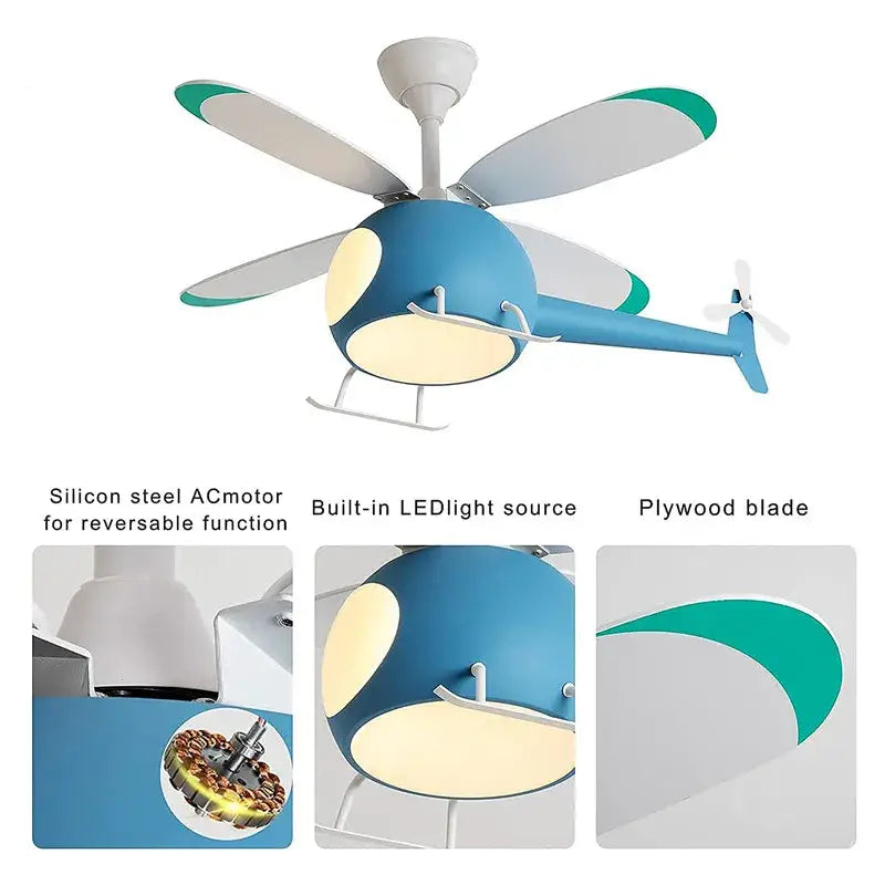 Blue helicopter aircraft chandelier ceiling fan bedroom light