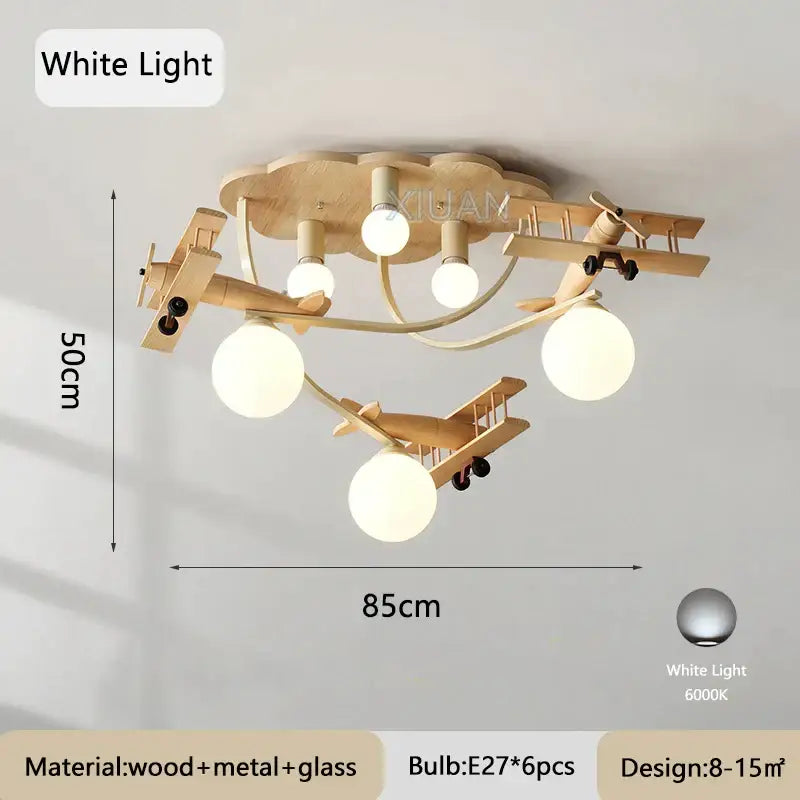 Wooden airplane chandelier light with cloud base for nursery room