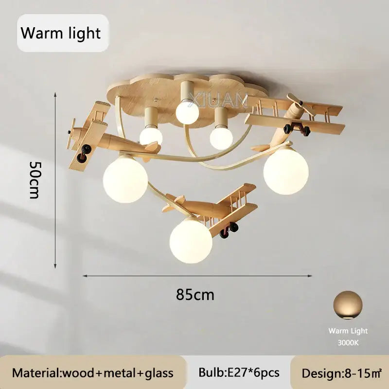 Wooden airplane chandelier light with cloud base for nursery room