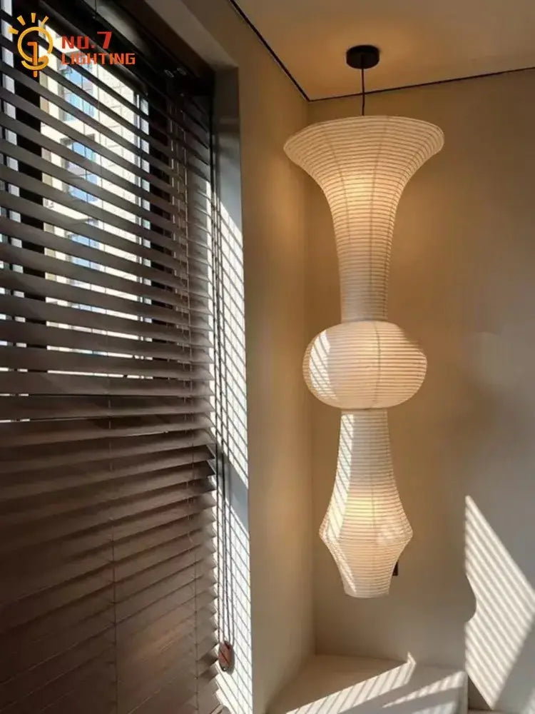 Vintage akari noguchi cream ribbed paper pendant lights for studio