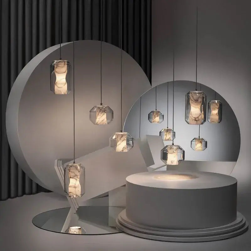 Modern gold and white marble pendant lights for dining room
