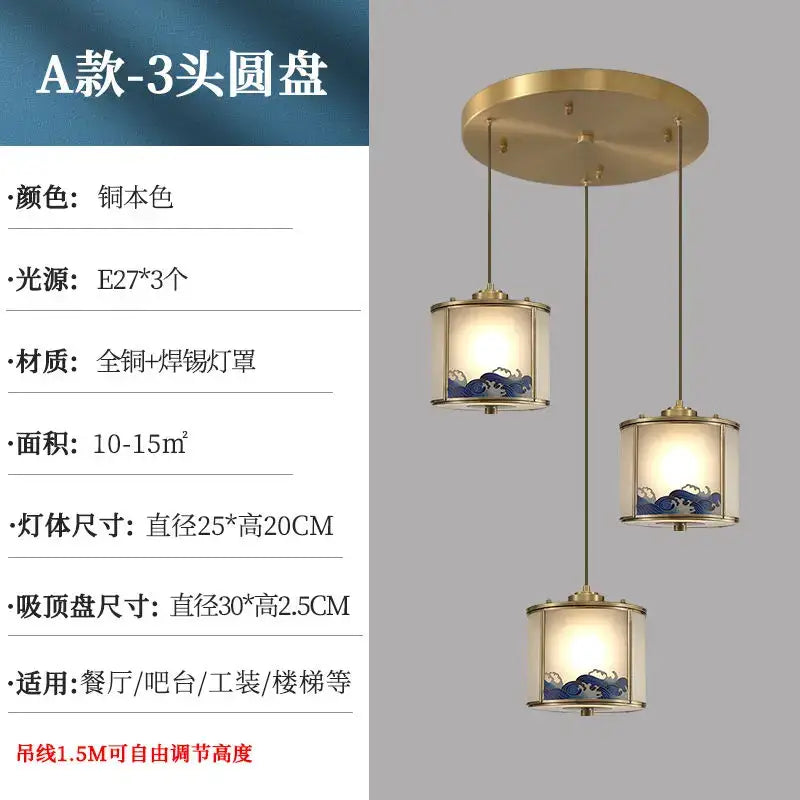 Elegant blue wave glass copper entrance light bedroom pendant