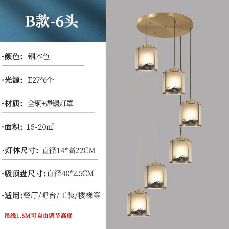 Elegant blue wave glass copper entrance light bedroom pendant
