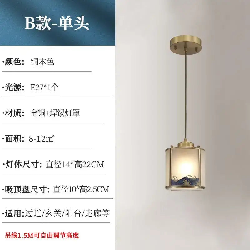 Elegant blue wave glass copper entrance light bedroom pendant