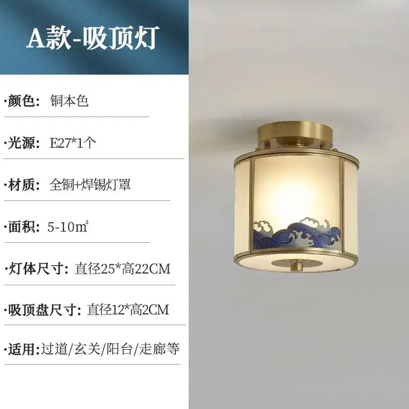 Elegant blue wave glass copper entrance light bedroom pendant