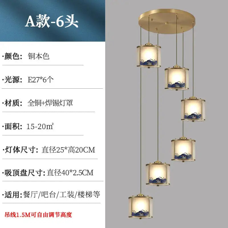 Elegant blue wave glass copper entrance light bedroom pendant