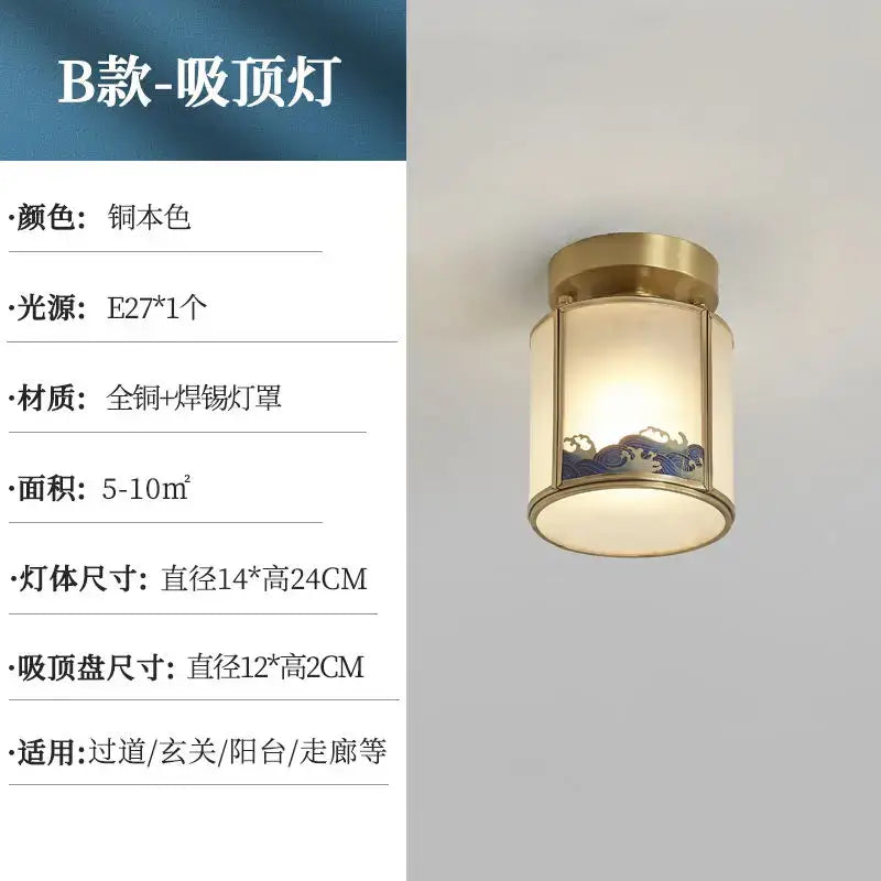 Elegant blue wave glass copper entrance light bedroom pendant