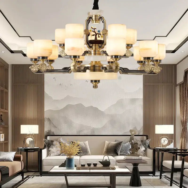 Branch design brass and frosted glass copper jade chandelier living room