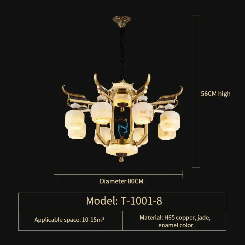 Chinese style golden copper jade chandelier living room lantern light