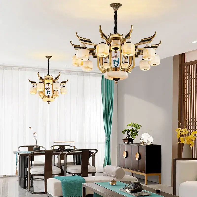 Chinese style golden copper jade chandelier living room lantern light