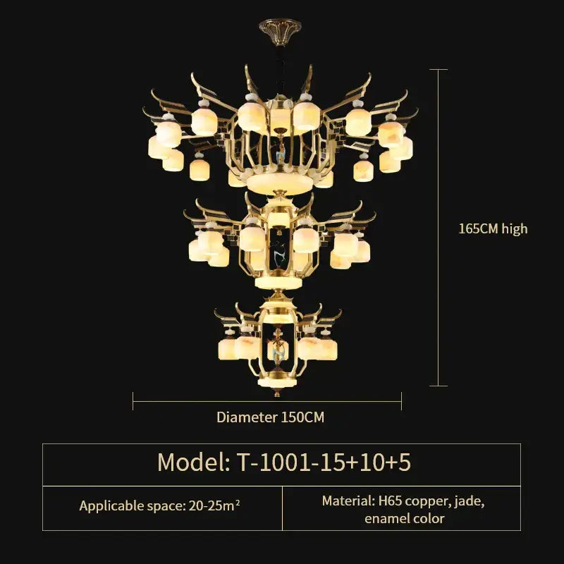 Chinese style golden copper jade chandelier living room lantern light