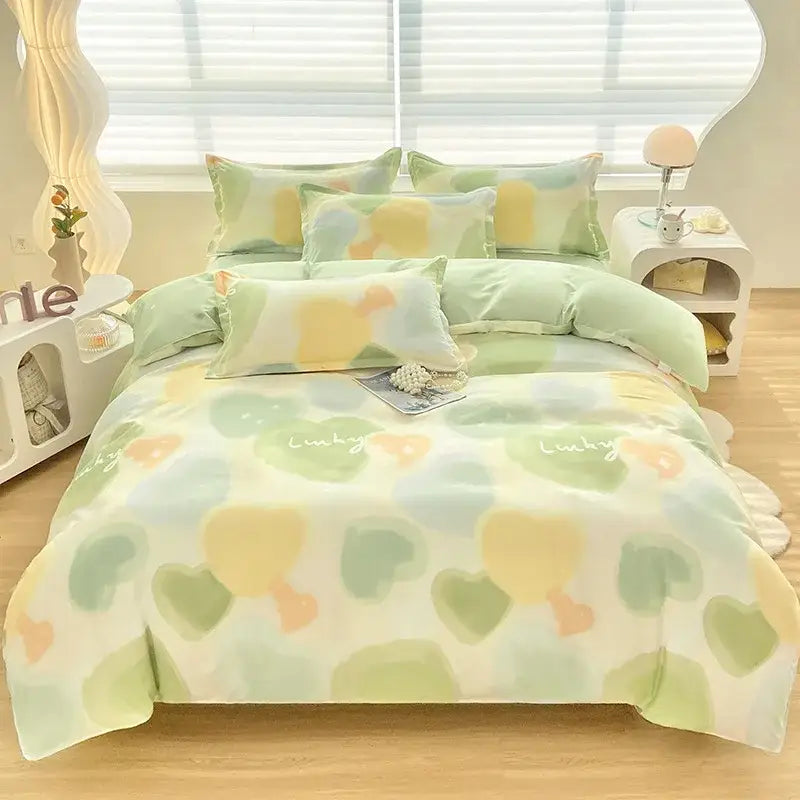 Abstract green & yellow aloe cotton printed bedding set bedroom
