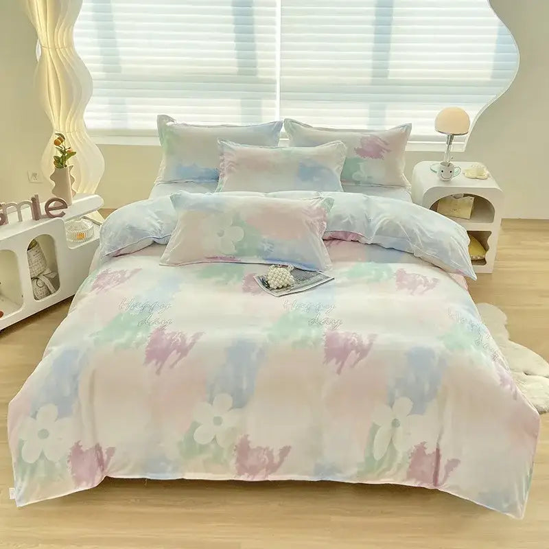 Abstract green & yellow aloe cotton printed bedding set bedroom
