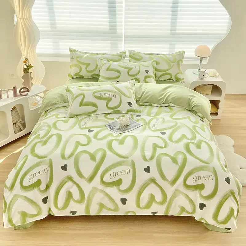 Abstract green & yellow aloe cotton printed bedding set bedroom