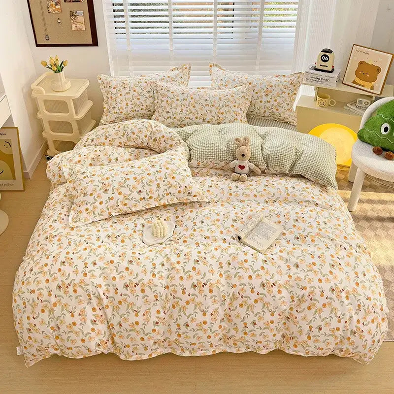 Abstract green & yellow aloe cotton printed bedding set bedroom