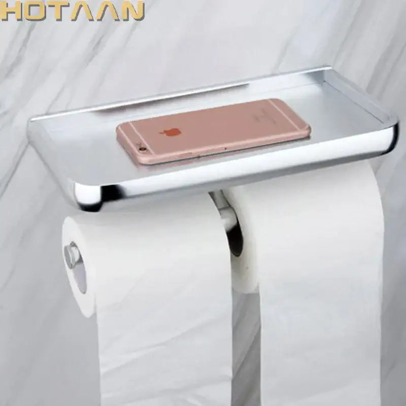 Modern chrome toilet paper holder with bathroom shelf