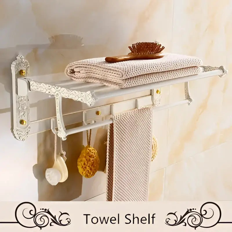 Ornate white & gold bath hardware set bathroom scrollwork rack