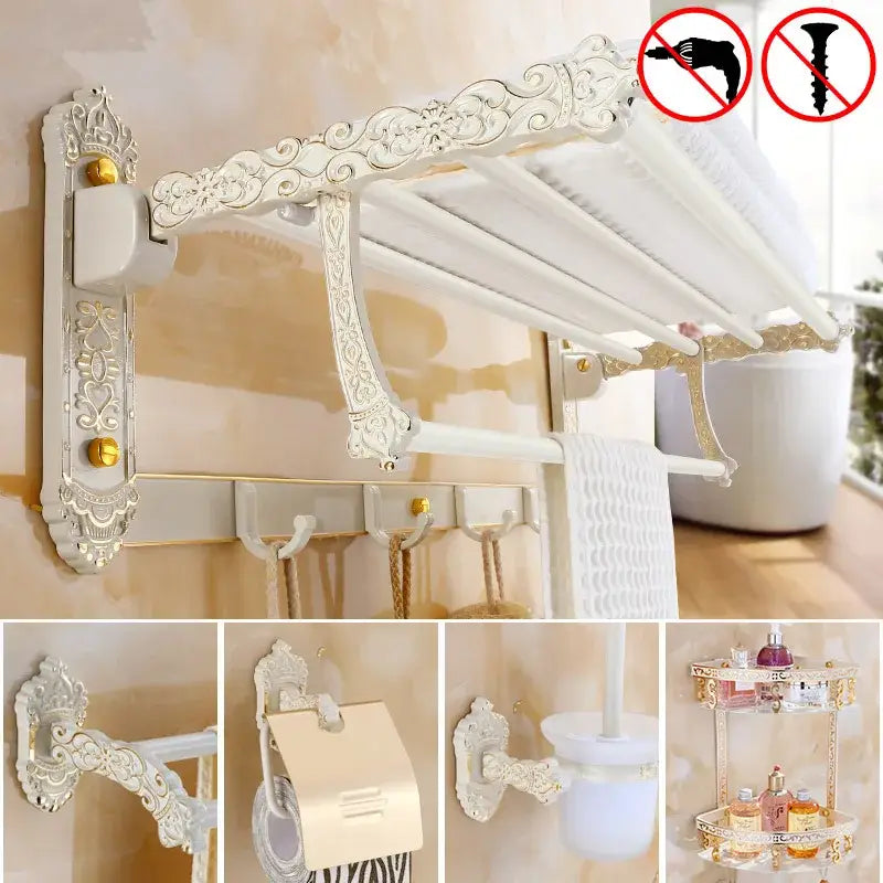 Ornate white & gold bath hardware set bathroom scrollwork rack