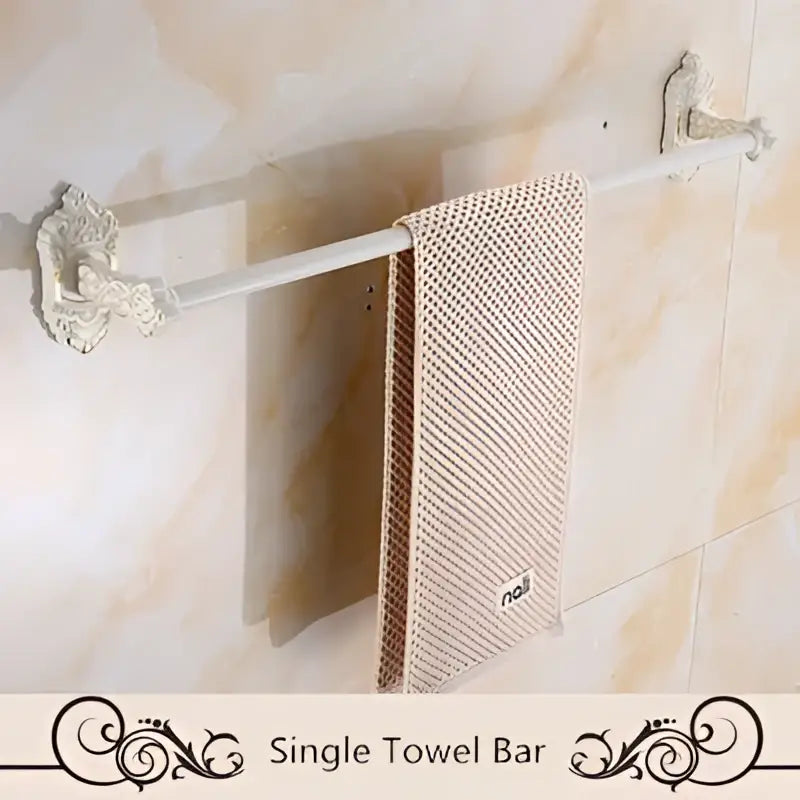 Ornate white & gold bath hardware set bathroom scrollwork rack