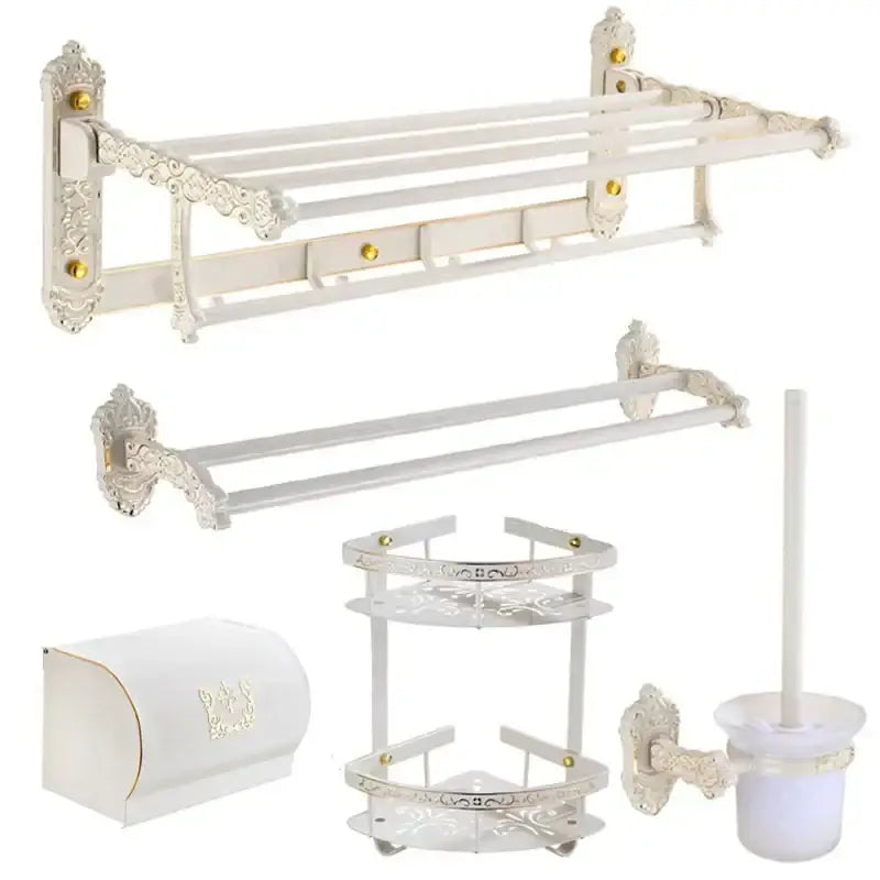 Ornate white & gold bath hardware set bathroom scrollwork rack