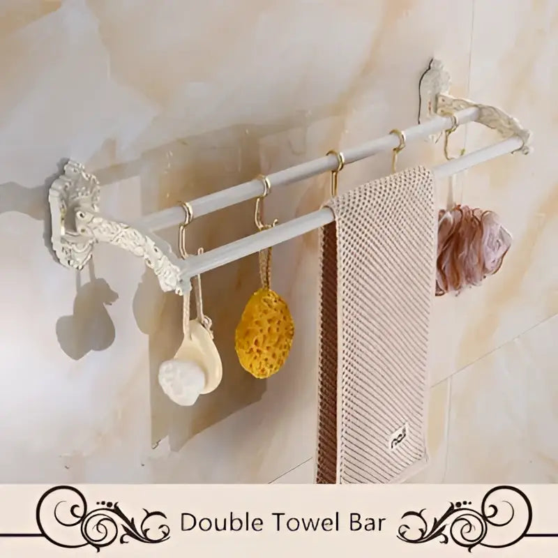 Ornate white & gold bath hardware set bathroom scrollwork rack
