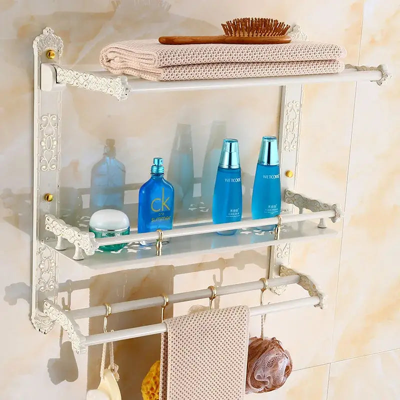 Ornate white & gold bath hardware set bathroom scrollwork rack