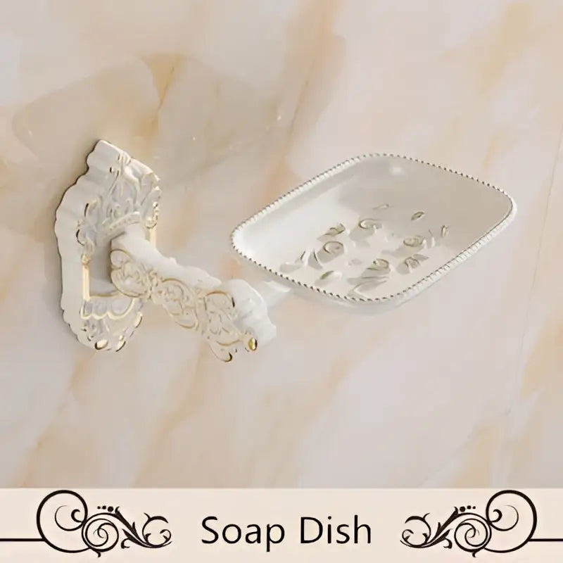 Ornate white & gold bath hardware set bathroom scrollwork rack