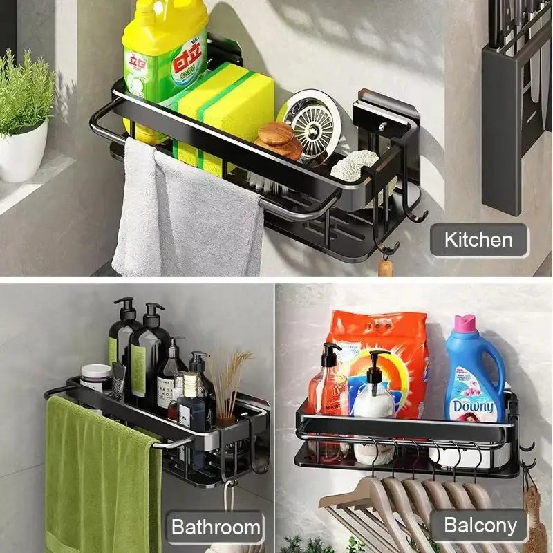 Silver two tier aluminum corner shelf bathroom storage with towel rack