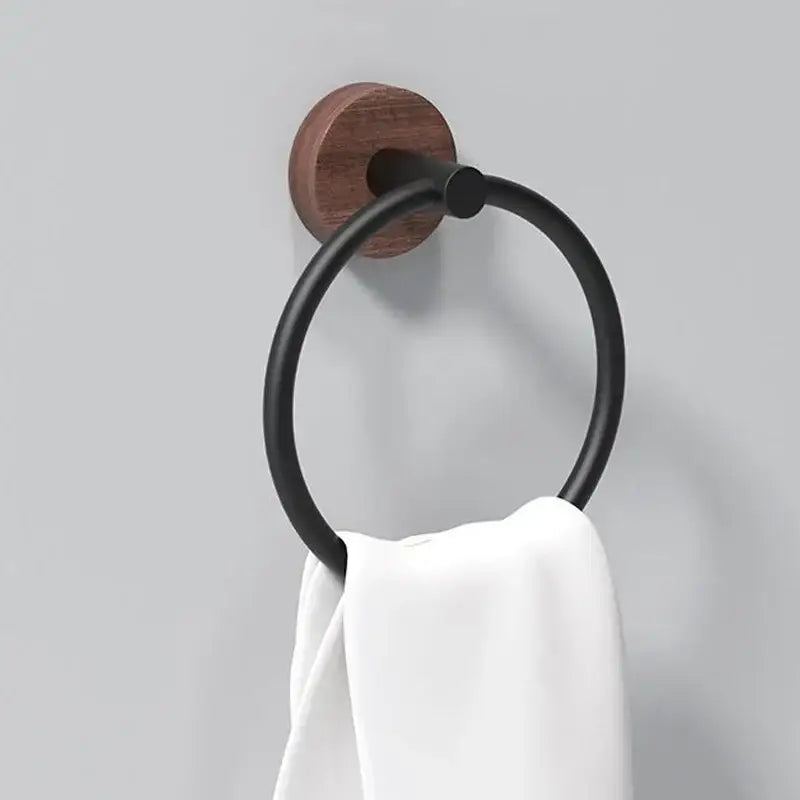 Black matte and walnut towel ring for bathroom and kitchen wall mount