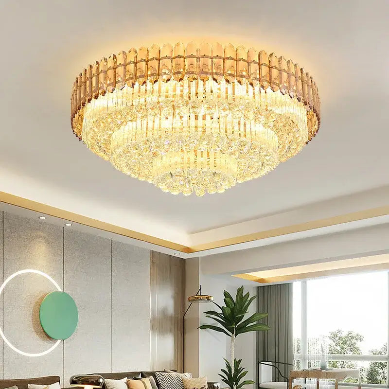 Amber crystal round chandelier living room tiered gold ceiling light