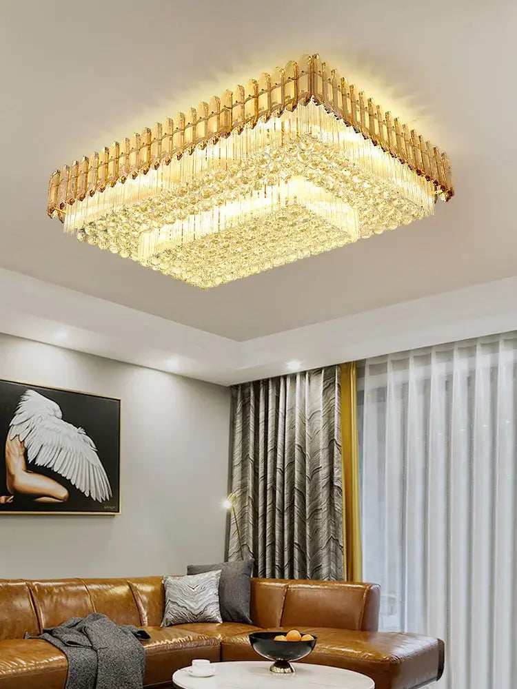 Amber crystal round chandelier living room tiered gold ceiling light