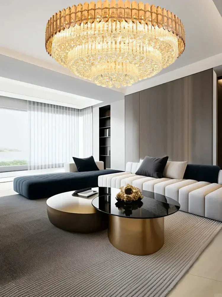 Amber crystal round chandelier living room tiered gold ceiling light
