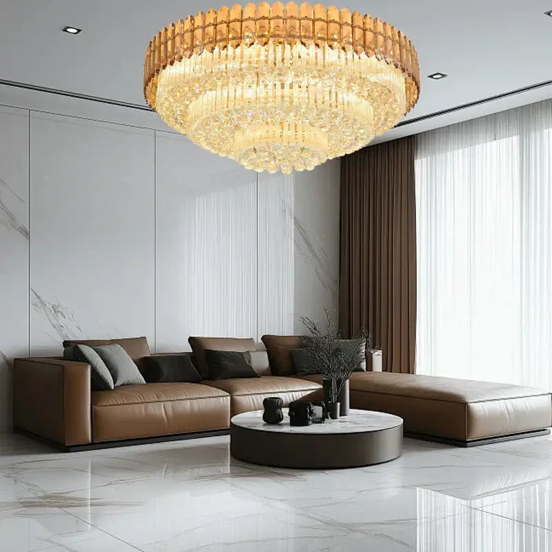 Amber crystal round chandelier living room tiered gold ceiling light