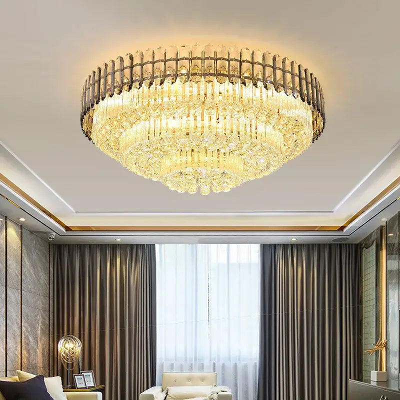 Amber crystal round chandelier living room tiered gold ceiling light