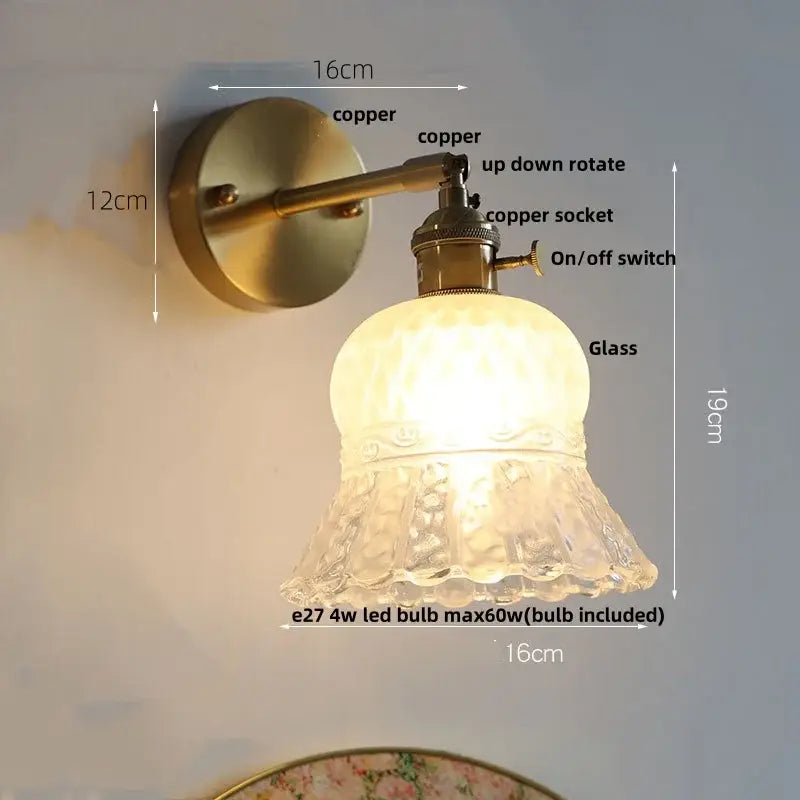Amber flower glass wall light brass pull chain kitchen sconce