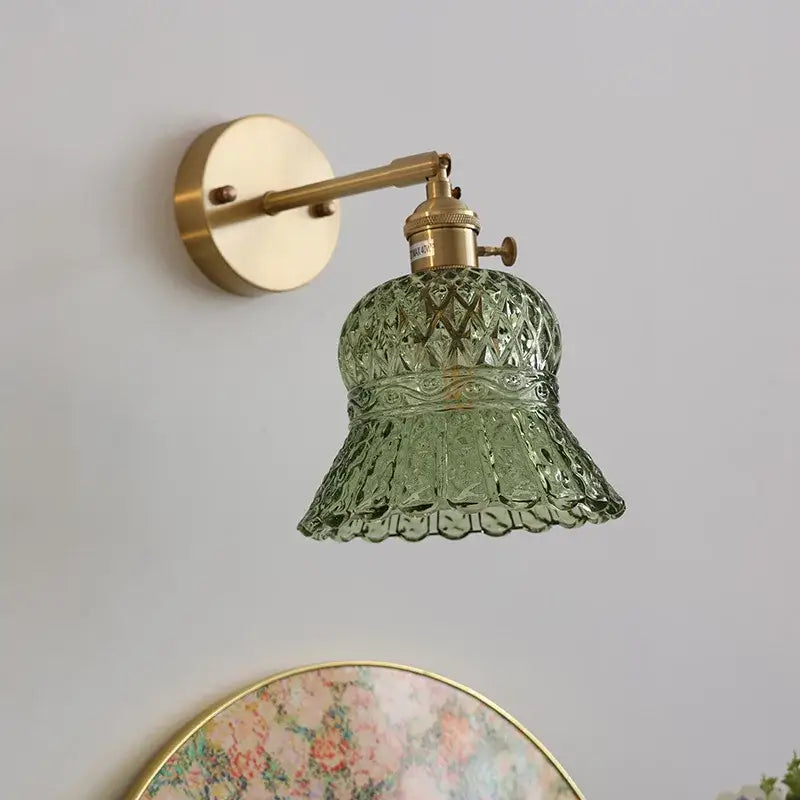 Amber flower glass wall light brass pull chain kitchen sconce