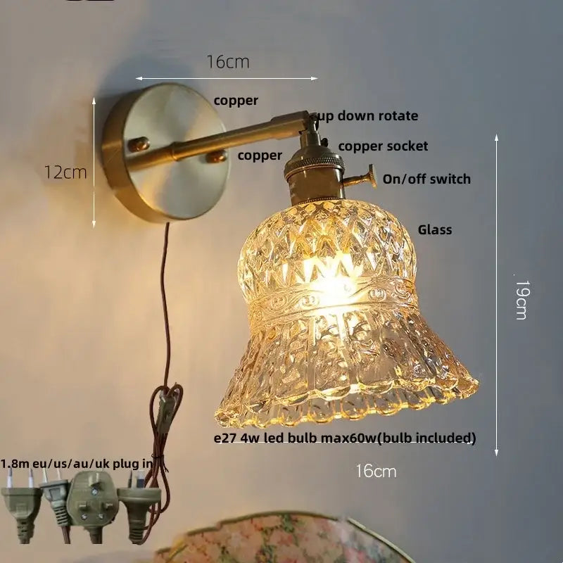Amber flower glass wall light brass pull chain kitchen sconce
