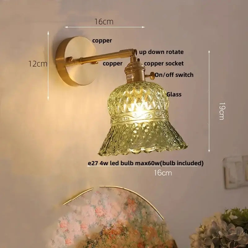 Amber flower glass wall light brass pull chain kitchen sconce
