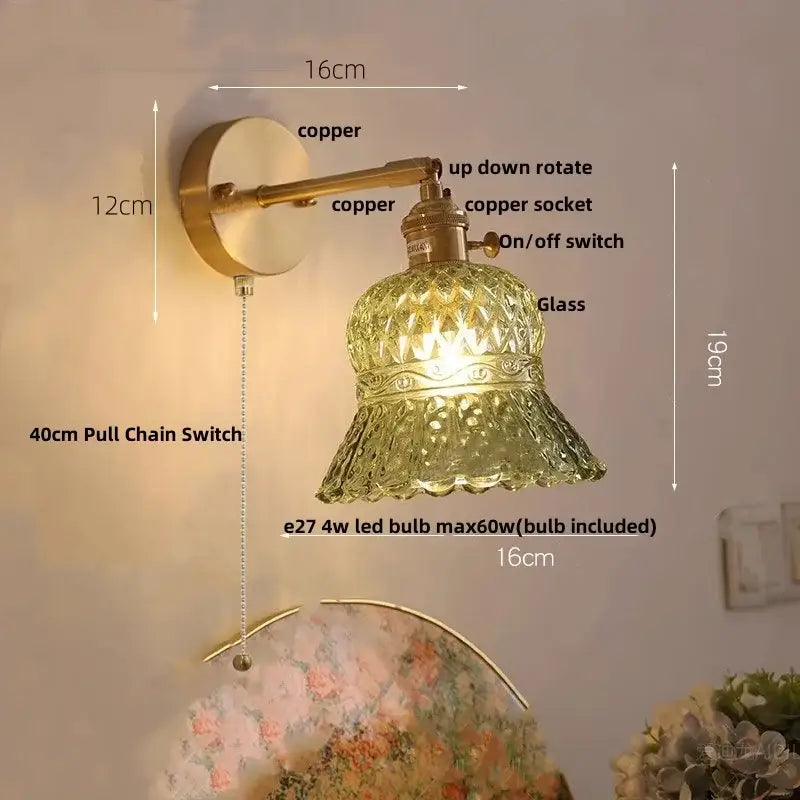 Amber flower glass wall light brass pull chain kitchen sconce