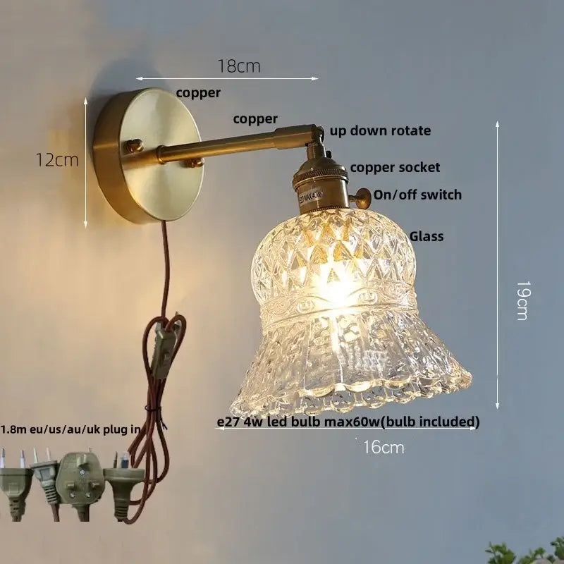 Amber flower glass wall light brass pull chain kitchen sconce