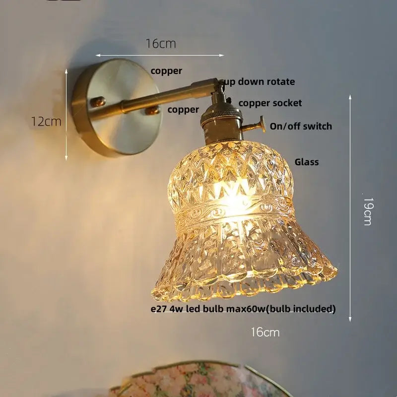 Amber flower glass wall light brass pull chain kitchen sconce