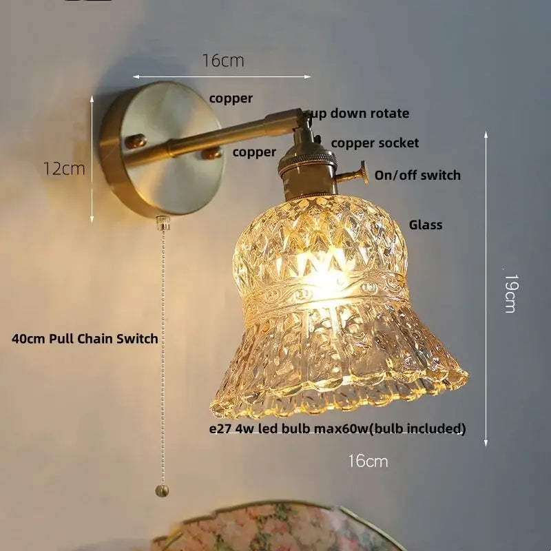 Amber flower glass wall light brass pull chain kitchen sconce