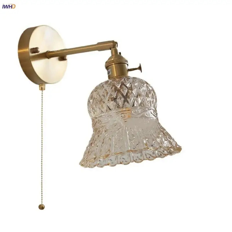 Amber flower glass wall light brass pull chain kitchen sconce