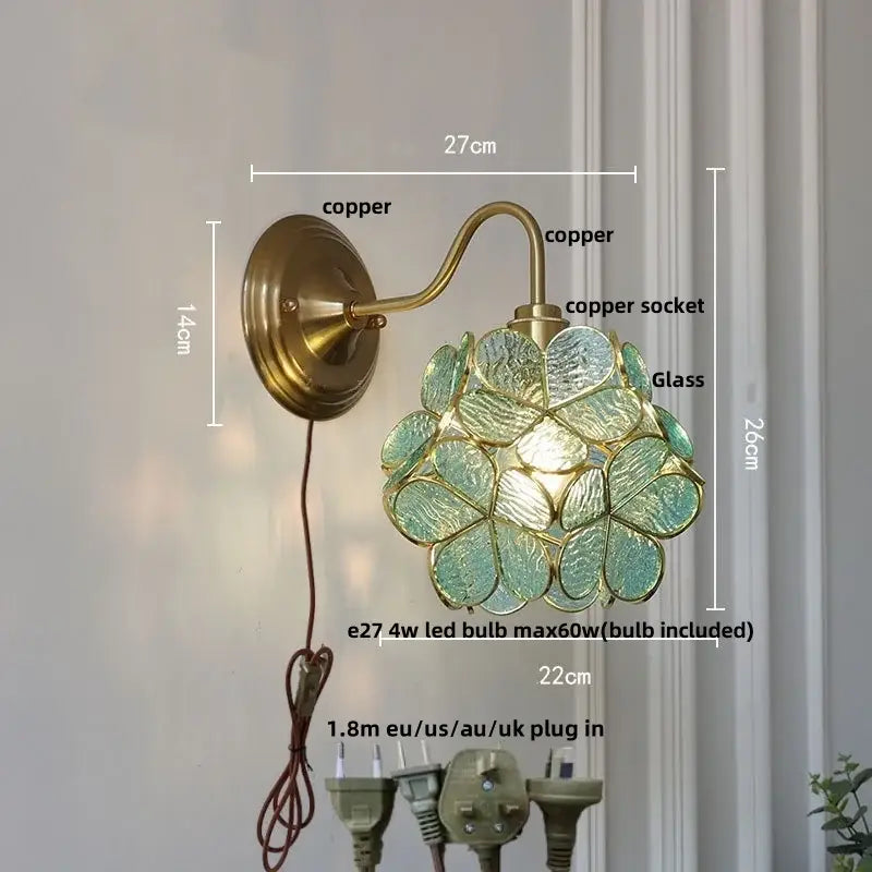 Antique brass amber flower glass wall sconce for living room