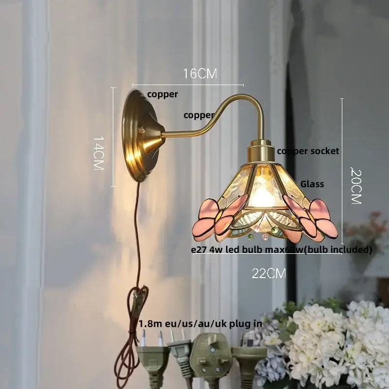 Antique brass amber flower glass wall sconce for living room