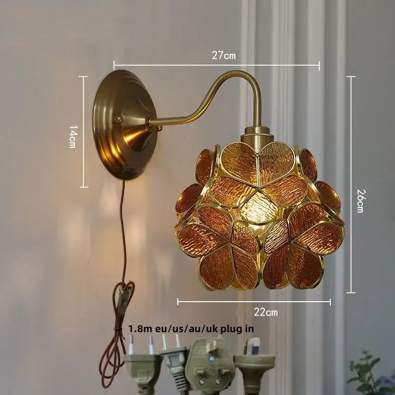 Antique brass amber flower glass wall sconce for living room