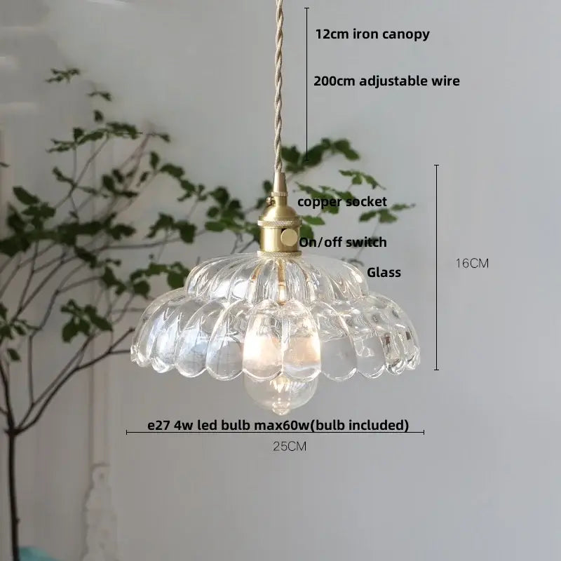 Vintage amber flower glass pendant light kitchen brass hanging lamp