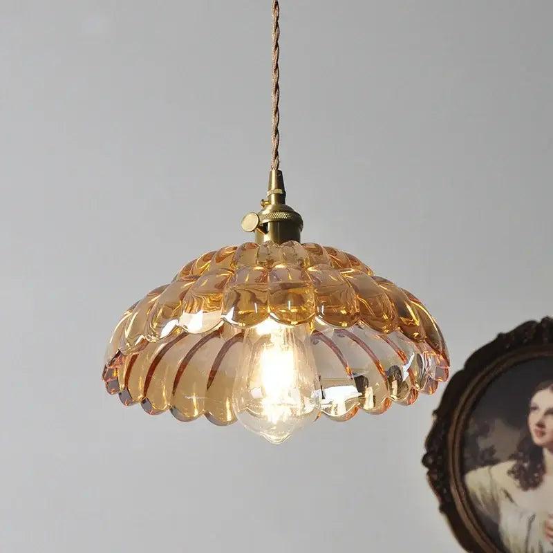 Vintage amber flower glass pendant light kitchen brass hanging lamp